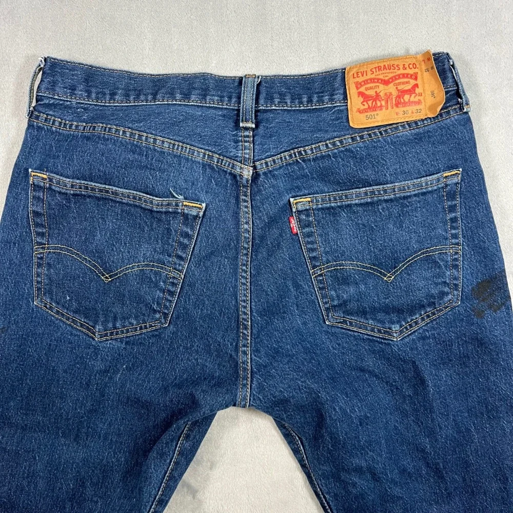LEVI'S‎ 501 Jeans Mens 36x32 Button Fly Straight Leg Blue Denim Casual Stained